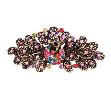 Antique Brass Rhinestone Peacock Hair Barrette Multi-Colored